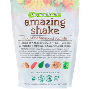Beyond Fresh, Amazing Shake، تركيبة الأطعمة الفائقة الكل في واحد، نكهة الفانيليا الطبيعية، 1.1 رطل (500 جم)