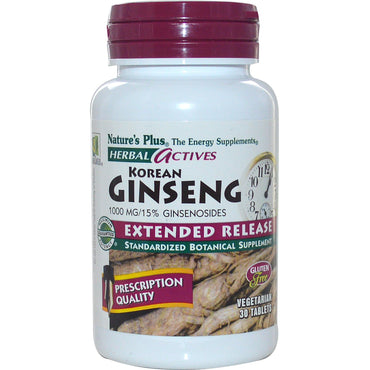 Nature's Plus, Herbal Actives, Korean Ginseng, Extended Release, 1000 mg, 30 tabletter