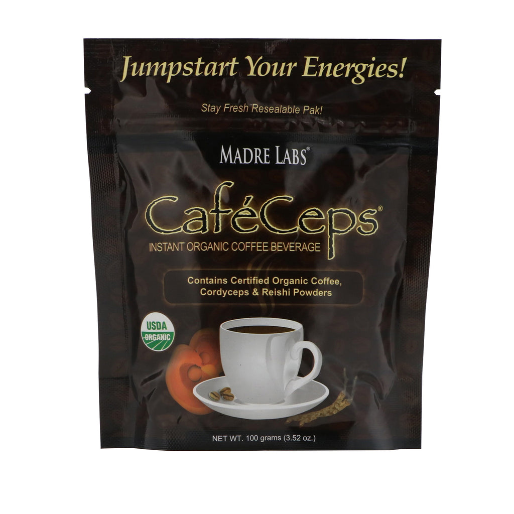 Madre Labs, CafeCeps, certificeret instant kaffe med Cordyceps og Reishi-svampepulver, 3,52 oz (100 g)