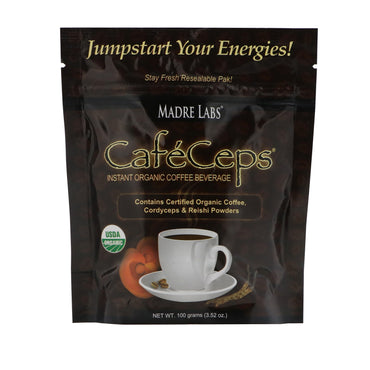 Madre Labs, CafeCeps, café instantáneo certificado con Cordyceps y polvo de hongo Reishi, 3,52 oz (100 g)