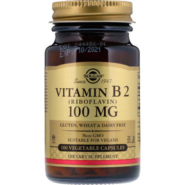 Solgar, Vitamina B2 (Riboflavina), 100 mg, 100 Cápsulas Vegetais