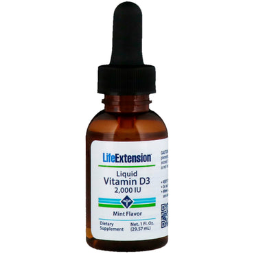 Life Extension, فيتامين د3 السائل، نكهة النعناع، ​​2000 وحدة دولية، 1 أونصة سائلة (29.57 مل)