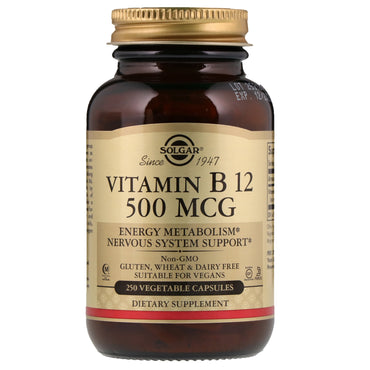 Solgar, 비타민 B12, 500mcg, 식물성 캡슐 250정
