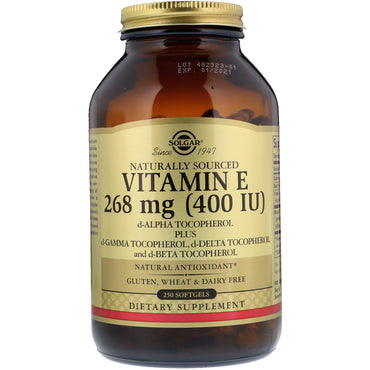 Solgar, vitamina E de origem natural, 400 UI, 250 cápsulas softgel