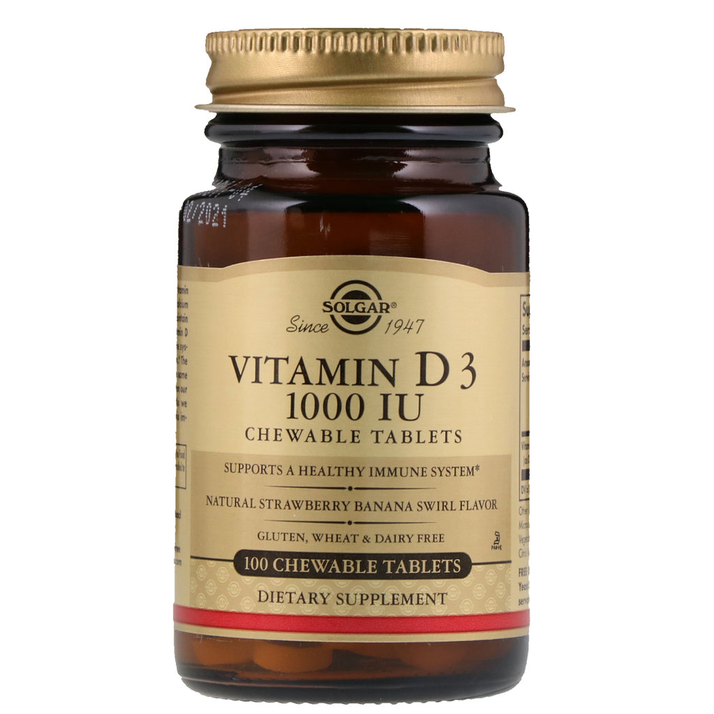 Solgar, vitamina d3, aromă naturală de căpșuni și banane, 1000 ui, 100 tablete masticabile