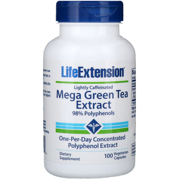 Life extension, mega extracto de té verde, ligeramente cafeinado, 100 cápsulas vegetales