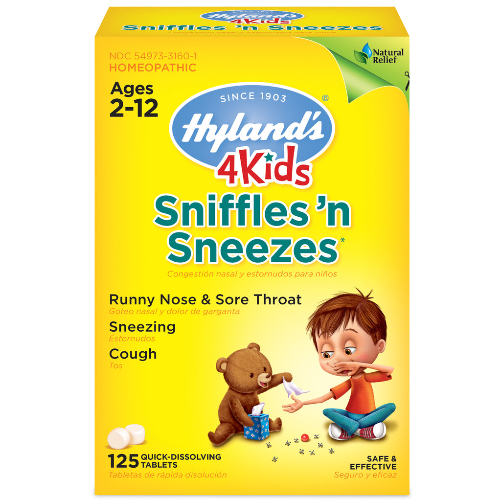 Hyland's, 4 crianças, Sniffles 'n Sneezes, idades de 2 a 12 anos, 125 comprimidos de dissolução rápida