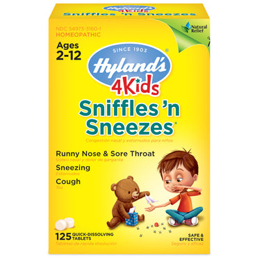 Hyland's, 4 Kids, Sniffles 'n Sneezes, edades 2-12, 125 tabletas de disolución rápida
