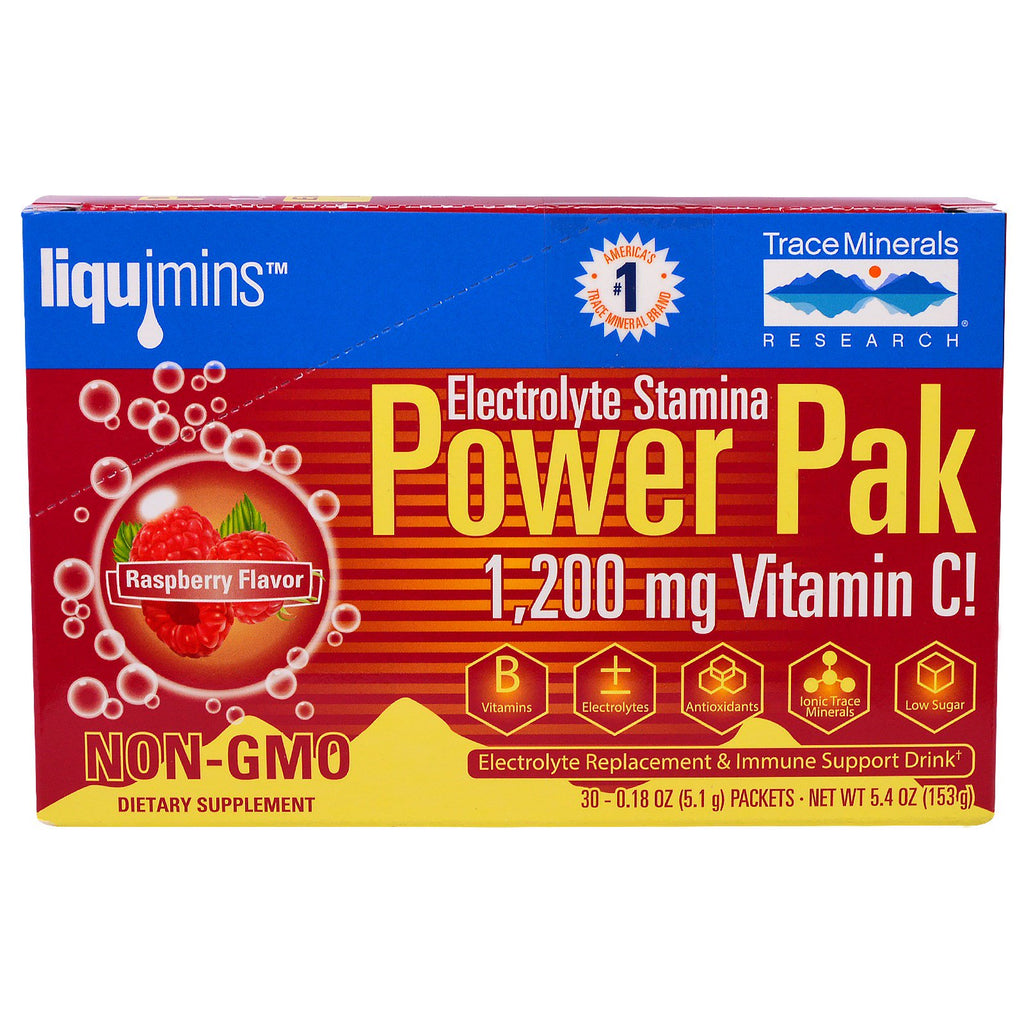 Spormineralforskning, elektrolytudholdenhed, Power Pak, 1200 mg, hindbær, 30 pakker, 0,18 oz (5,1 g) hver
