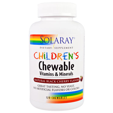 Solaray, tyggbare vitaminer og mineraler for barn, naturlig svart kirsebærsmak, 120 tyggevarer