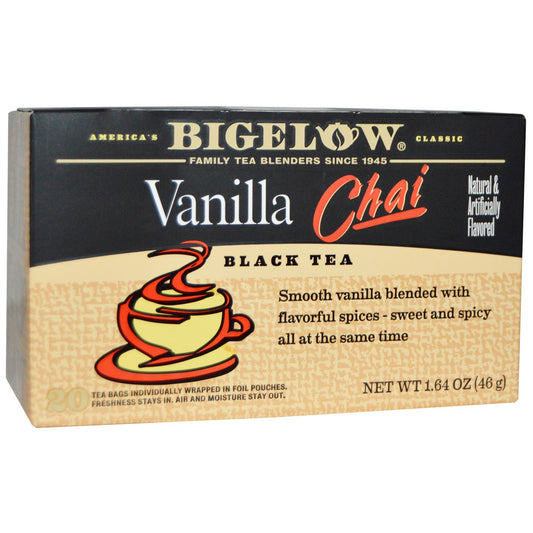 Bigelow, svart te, vanilj chai, 20 tepåsar, 1,64 oz (46 g)