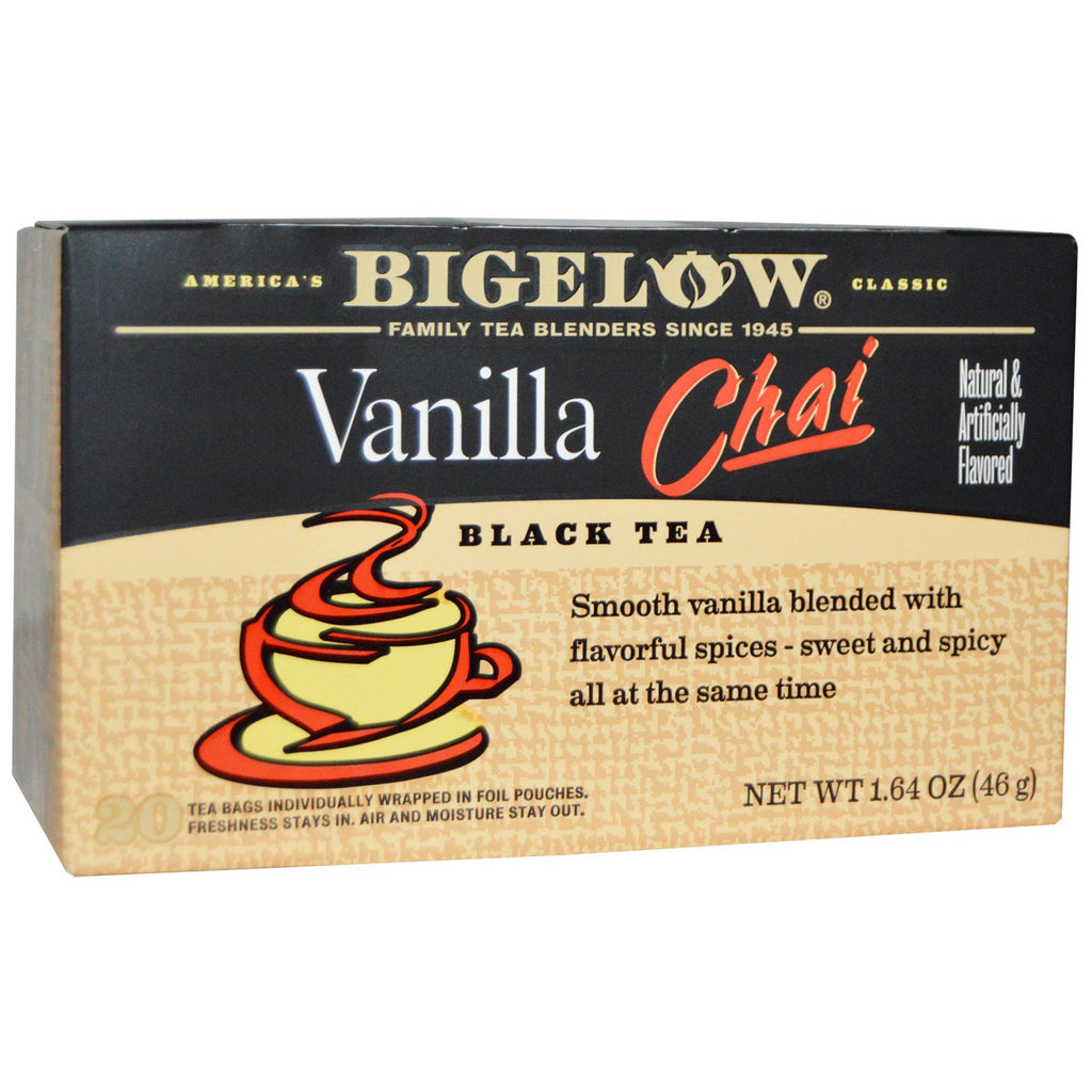 Bigelow, sort te, vanilje chai, 20 teposer, 1,64 oz (46 g)
