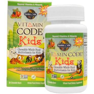 Garden of Life, Vitamin Code, Kids, multivitamina masticable de alimentos integrales para niños, cereza, 30 ositos masticables