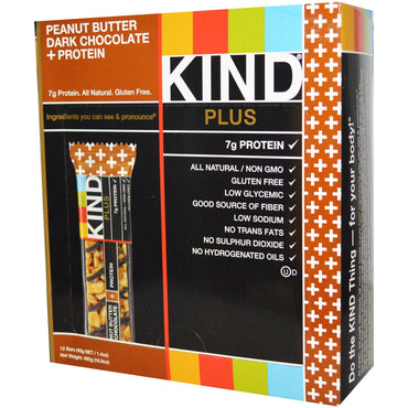 KIND Bars, Plus, barras de frutas y nueces, chocolate amargo con mantequilla de maní + proteína, 12 barras, 1,4 oz (40 g) cada una