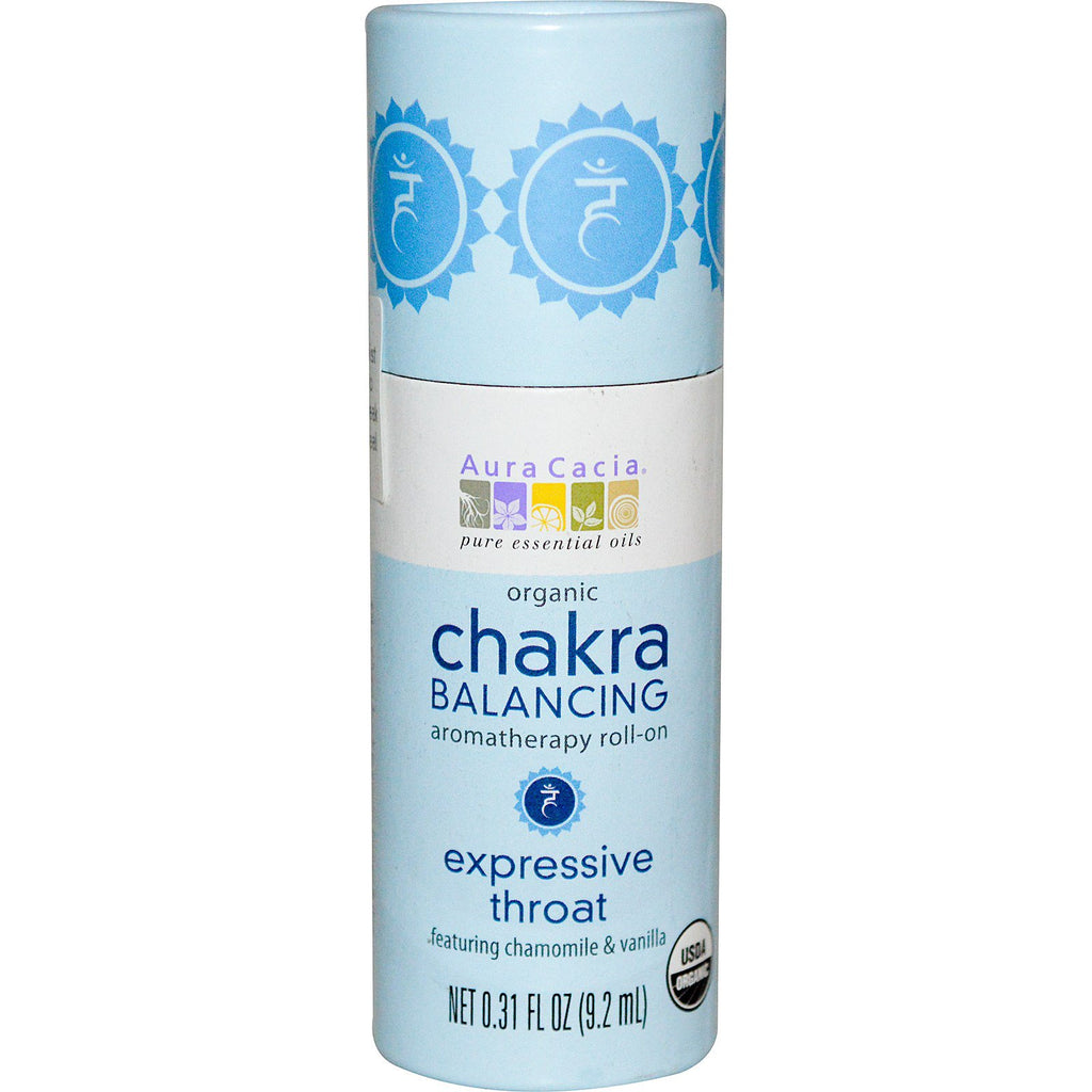 Aura Cacia, Roll-on de aromaterapia para equilibrar los chakras, Garganta expresiva, 9,2 ml (0,31 oz. líq.)