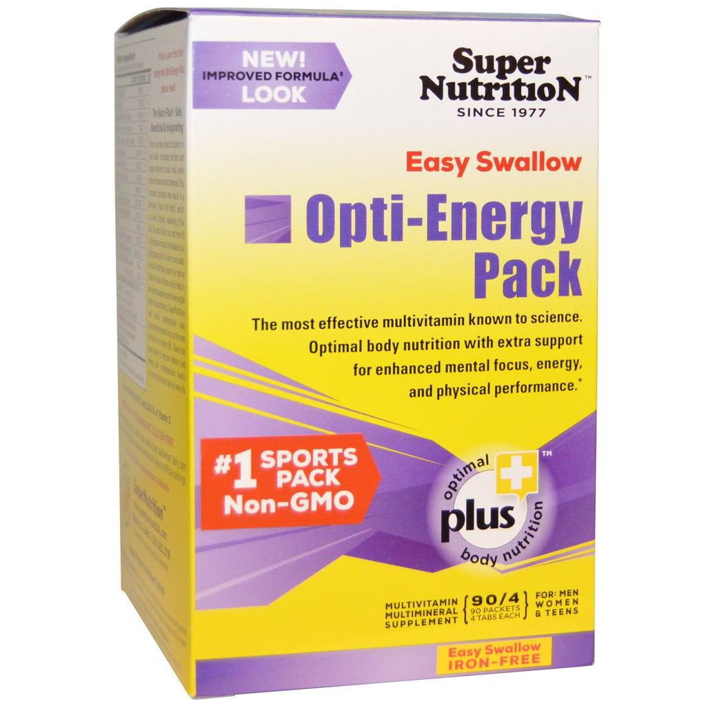 Super Nutrition, Opti-Energy Pack, suplemento multivitamínico/multimineral, sin hierro, 90 paquetes, (4 tabletas cada uno)