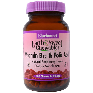 Odżywka Bluebonnet, ziemno-słodkie tabletki do żucia, witamina B-12 i kwas foliowy, naturalny aromat malinowy, 180 tabletek do żucia