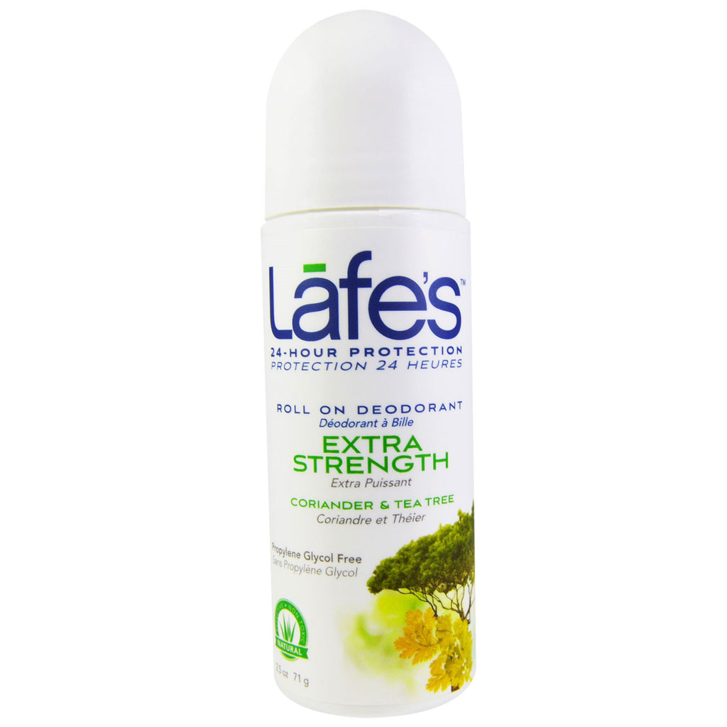 Lafe's natuurlijke lichaamsverzorging, roll-on deodorant, extra sterkte, koriander en theeboom, 2,5 oz (71 g)