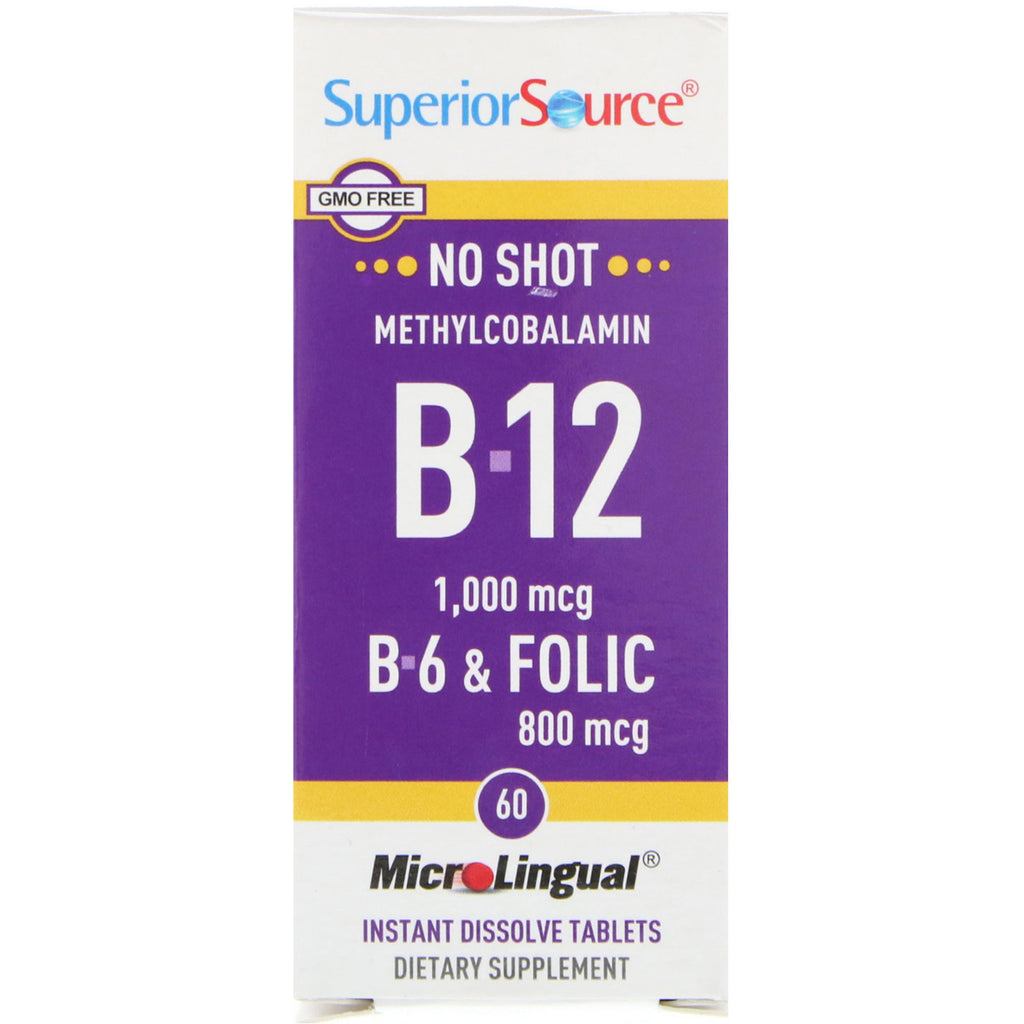 Superieure bron, methylcobalamine B-12, 1000 mcg, B-6 en foliumzuur 800 mcg, 60 MicroLingual Instant Dissolve-tabletten