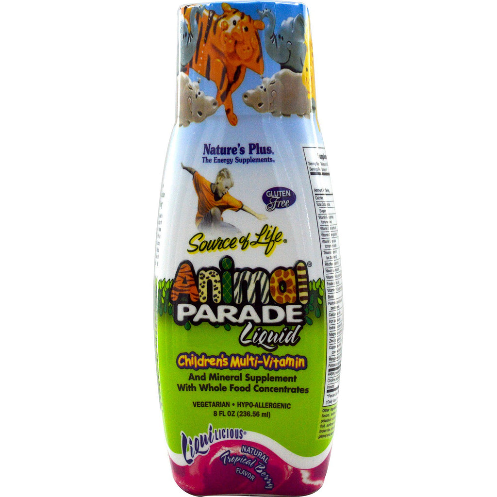Nature's Plus, Sursa vieții, lichid Animal Parade, multivitamine pentru copii, aromă naturală de fructe de pădure tropicale, 8 fl oz (236,56 ml)