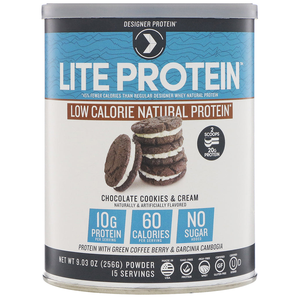 Designer Protein, Lite Protein, Caloriearme natuurlijke eiwitten, Chocoladekoekjes en -room, 9.03 oz (256 g)
