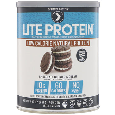 Designer Protein, 라이트 단백질, 저칼로리 천연 단백질, 초콜릿 쿠키 & 크림, 256g(9.03oz)