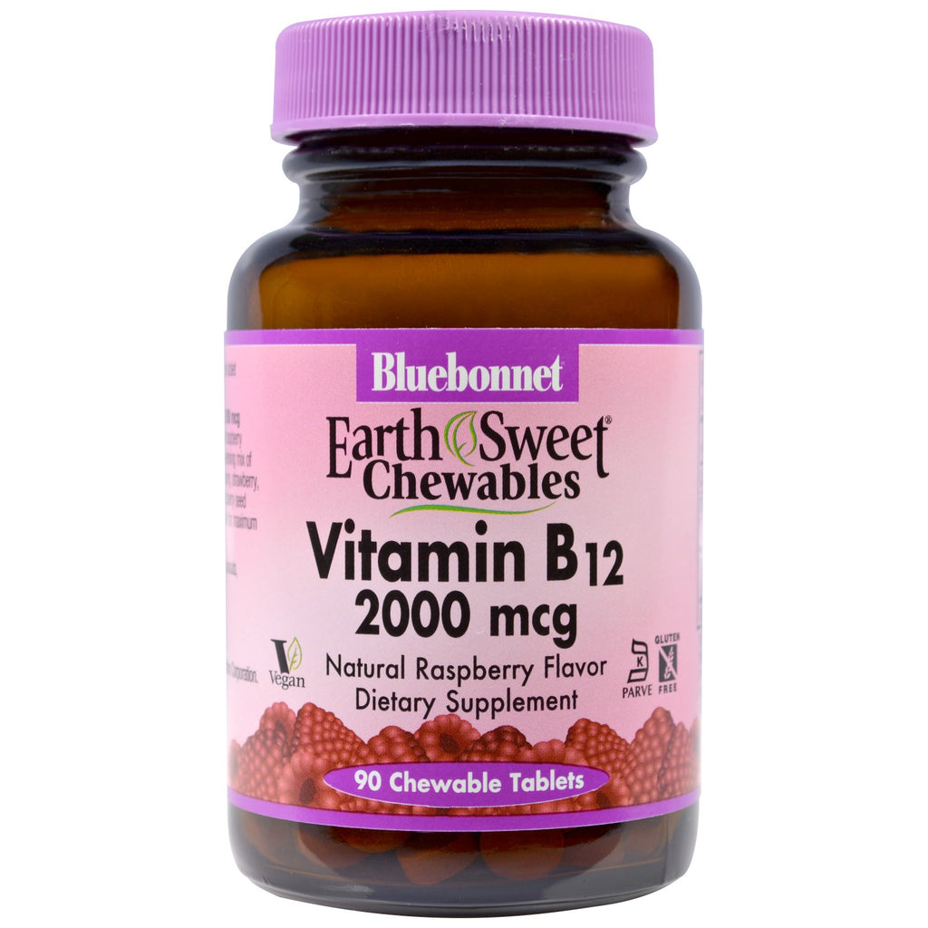 Bluebonnet Nutrition, EarthSweet tyggetabletter, vitamin B12, naturlig bringebærsmak, 2000 mcg, 90 tyggetabletter