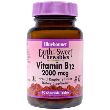 Bluebonnet Nutrition, masticables EarthSweet, vitamina B12, sabor natural a frambuesa, 2000 mcg, 90 tabletas masticables