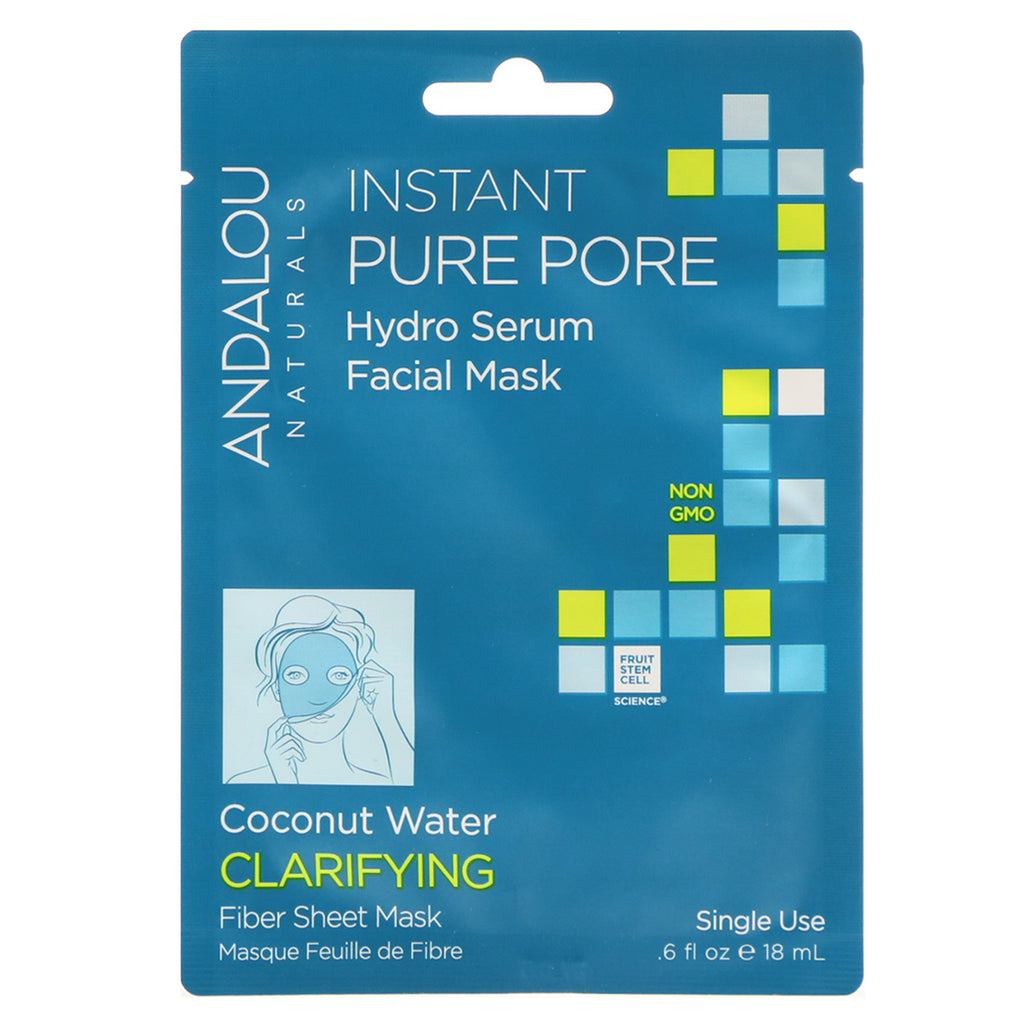 Andalou Naturals, Instant Pure Pore, Hydro Serum Ansiktsmask, 1 Fiber Sheet Mask för engångsbruk, 0,6 fl oz (18 ml)