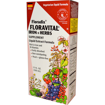 Flora, Floradix, Floravital, Suplemento de hierro + hierbas, fórmula de extracto líquido, 17 fl oz (500 ml)