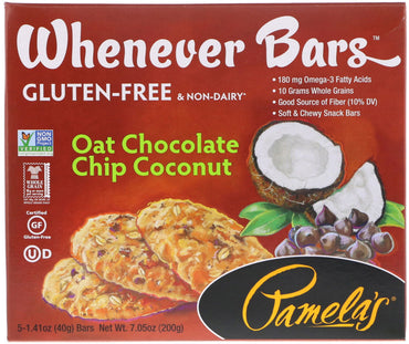 Pamela's Products, Whenever Bars, avena con chispas de chocolate y coco, 5 barras, 1,41 oz (40 g) cada una