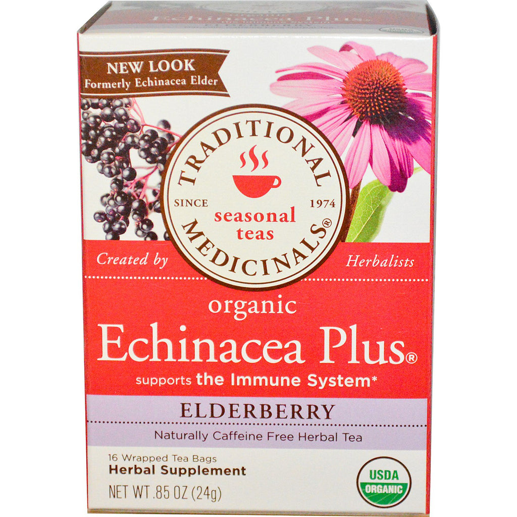 Traditionele medicijnen, seizoensthee, Echinacea Plus, natuurlijk cafeïnevrij, vlierbes, 16 verpakte theezakjes, 24 g