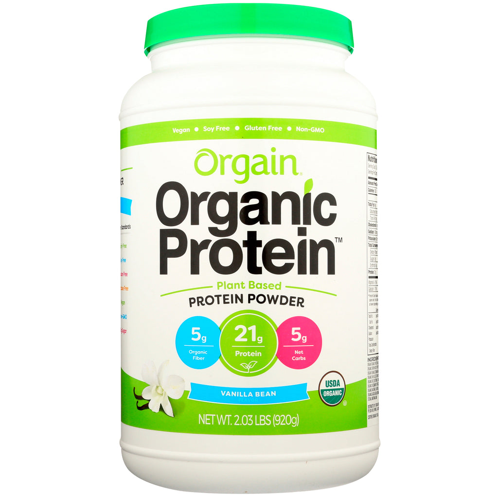 Orgain, proteinpulver, växtbaserat, vaniljböna, 2,03 lbs (920 g)