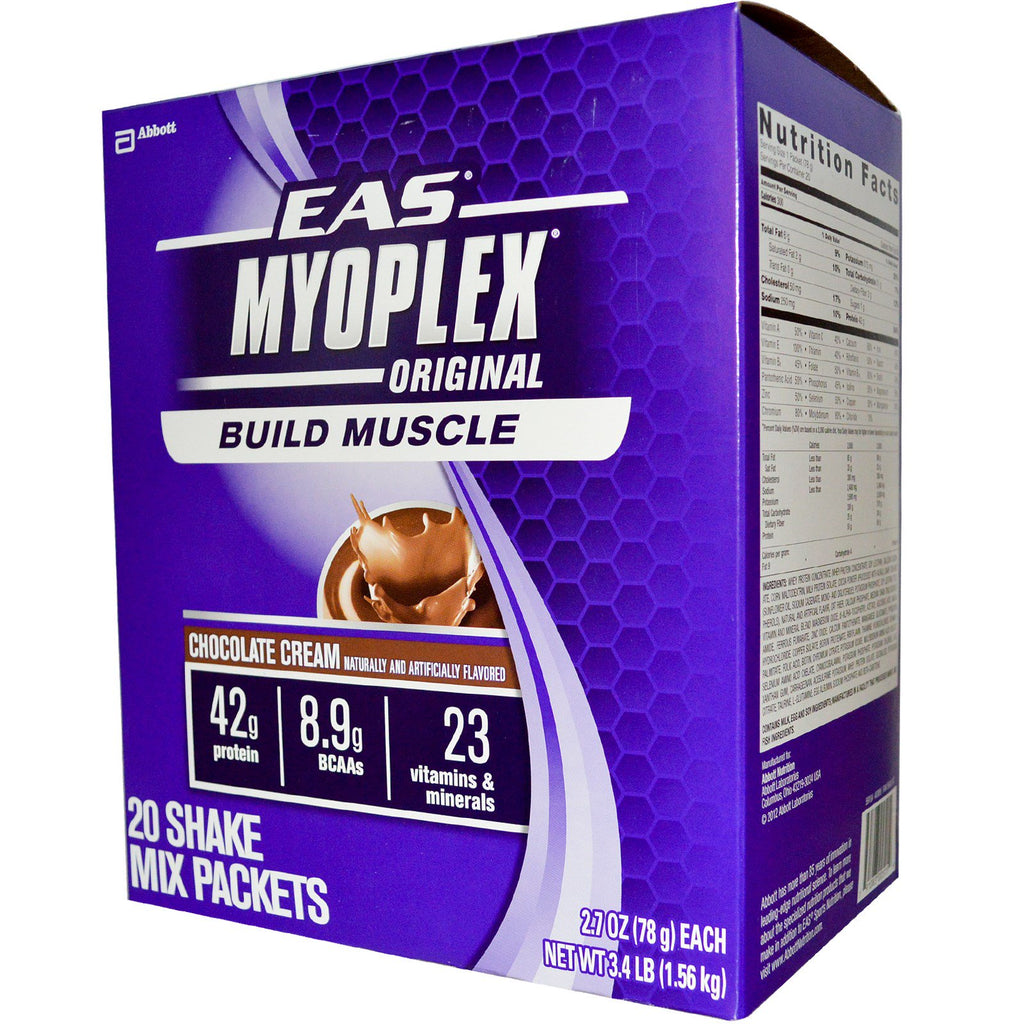 EAS, Myoplex, mezcla para batido original, crema de chocolate, 20 paquetes, 2,7 oz (78 g) cada uno