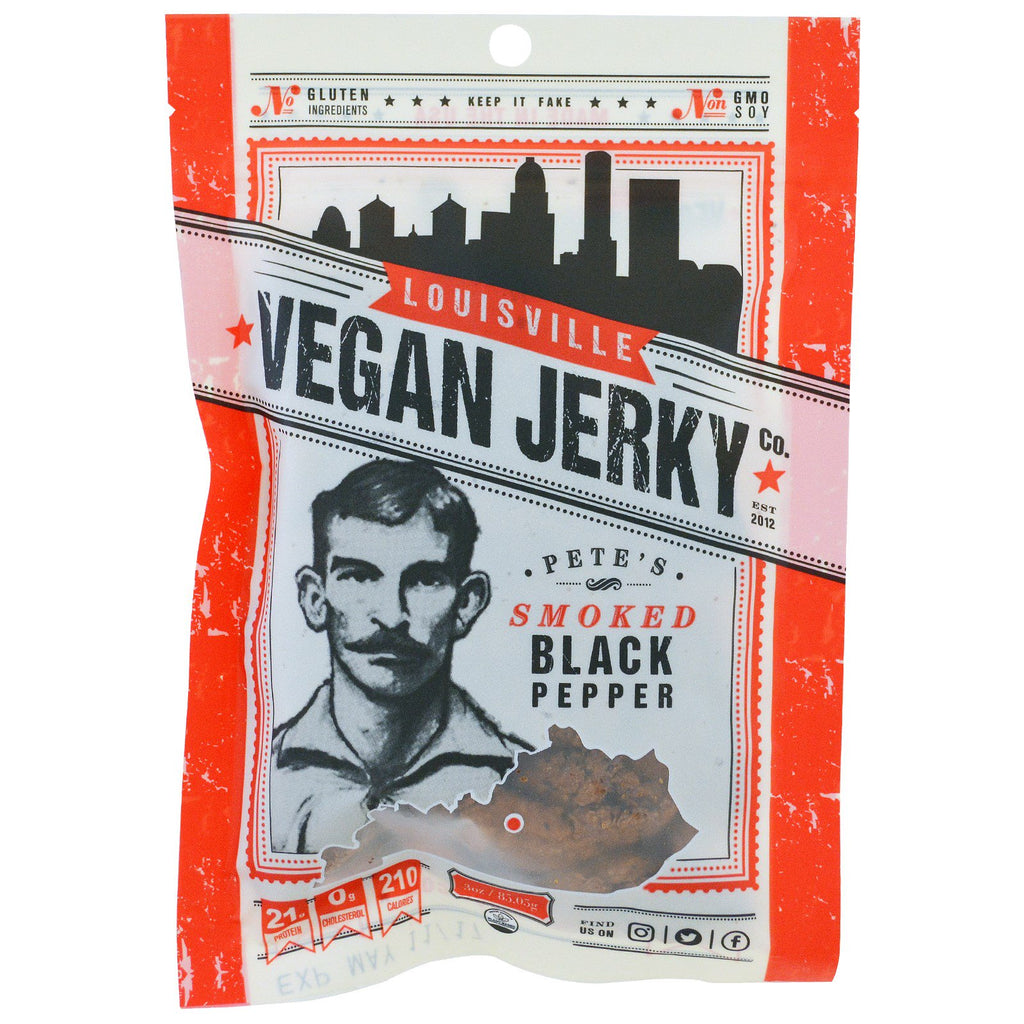 Louisville Vegan Jerky Co, Vegan Jerky, Pete's afumat, piper negru, blând, 3 oz (85,05 g)