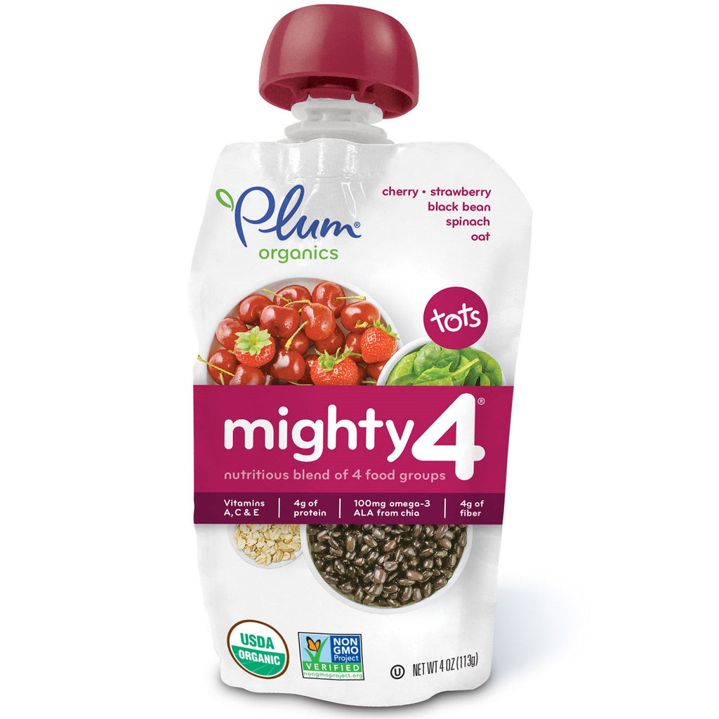 Plum s Tots Mighty 4 Mezcla nutritiva de 4 grupos de alimentos Cereza Fresa Frijoles negros Espinacas Avena 4 oz (113 g)