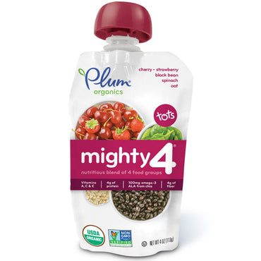 Plum s Tots Mighty 4 ส่วนผสมทางโภชนาการของ 4 กลุ่มอาหาร เชอร์รี่ สตรอเบอร์รี่ ถั่วดำ ผักโขม ข้าวโอ๊ต 4 ออนซ์ (113 กรัม)