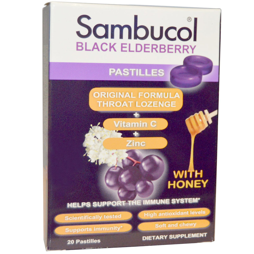 Sambucol, Pastilles Elderberry สีดำพร้อมน้ำผึ้ง, 20 Pastilles