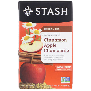 Stash Tea, ceai de plante, scorțișoară măr mușețel, fără cofeină, 20 pliculete de ceai, 1,4 oz (40 g)