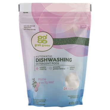 GrabGreen, Detergente en cápsulas para lavavajillas automático, tomillo con hoja de higuera, 24 cargas, 432 g (15,2 oz)