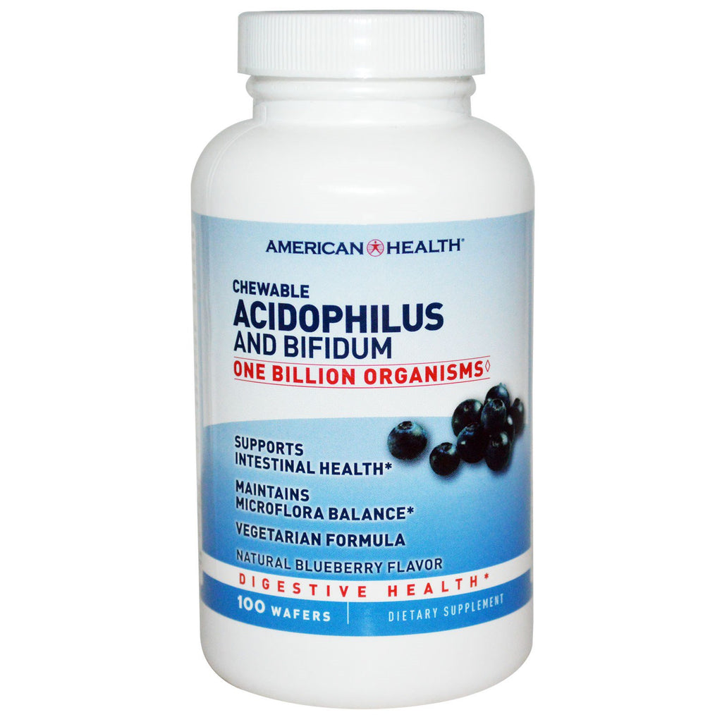 American Health, Acidophilus และ Bifidum แบบเคี้ยว, รสบลูเบอร์รี่ธรรมชาติ, เวเฟอร์ 100 ชิ้น