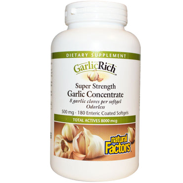 Natural Factors, GarlicRich, Super Strength, Concentré d'ail, 500 mg, 180 gélules à enrobage entérique