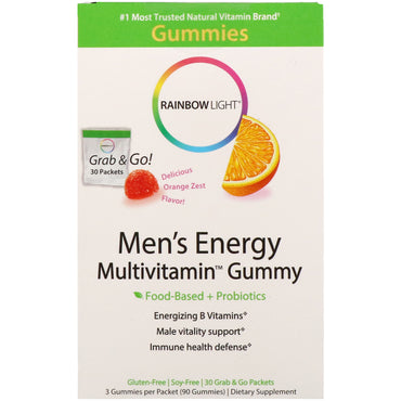 Rainbow Light, Energy Multivitamin Gummy for menn, deilig appelsinskallsmak, 30 Grab & Go-pakker
