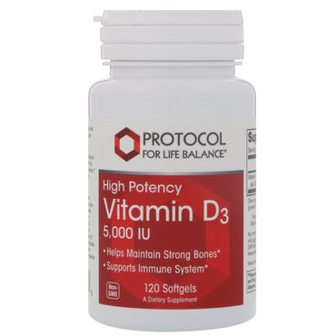 Protocol for Life Balance, vitamina D3, alta potencia, 5000 UI, 120 cápsulas blandas