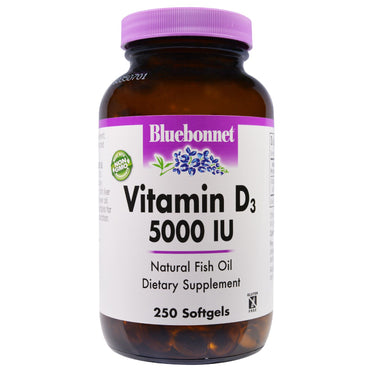 Bluebonnet ernæring, vitamin d3, 5000 iu, 250 myke geler