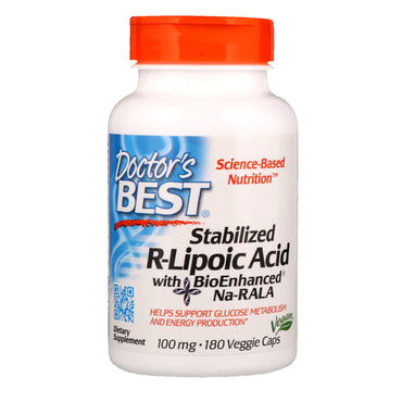 Doctor's Best, Ácido R-Lipóico Estabilizado com Na-RALA BioEnhanced, 100 mg, 180 Cápsulas Vegetais