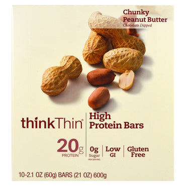 ThinkThin Barras altas en proteínas Mantequilla de maní con trozos 10 barras 21 oz (60 g) cada una