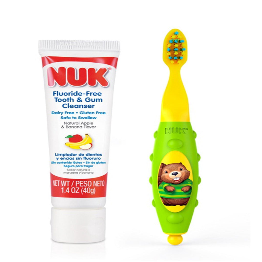 NUK, Grins &amp; Giggles Juego de cepillos de dientes para niños pequeños, a partir de 12 meses, 1 limpiador y 1 cepillo