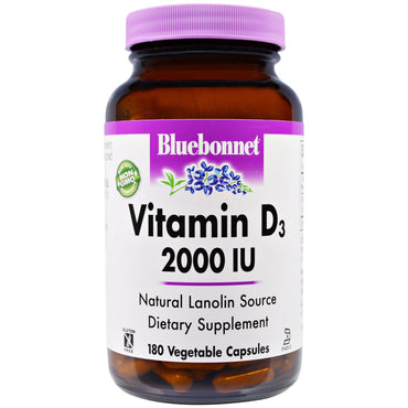 Nutrición Bluebonnet, vitamina d3, 2000 iu, 180 cápsulas vegetales