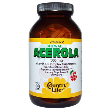 Country Life, Acerola, Vitamine C kauwtabletten, Kers, 500 mg, 90 Wafeltjes
